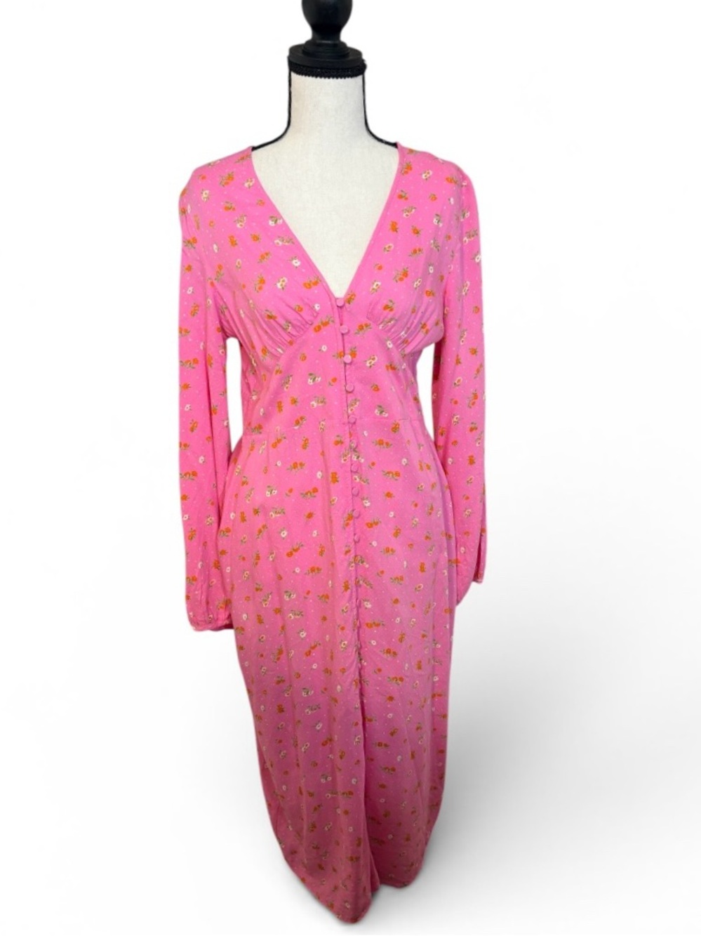 PIECES Pink Ditsy Floral Midi Dress BNWT Long Sleeve Cottagecore Coquette Small